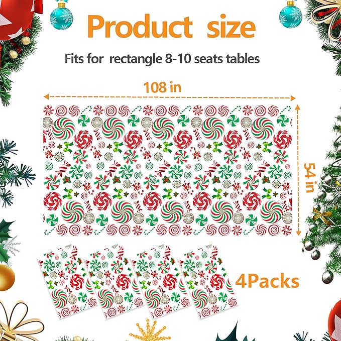 4 Pack Christmas Candy Cane Plastic Tablecloths,54 x 108 Inch Disposable Holiday Table Covers with Lollipops Design for Christmas Party Decorations Winter Dinner and Festive Events