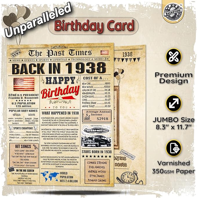 88th Birthday Card for Women Men- Back In 1938 Card - 88th HAPPY BIRTHDAY cards for Him Her - Vintage 88th birthday gifts JUMBO size 88th birthday decorations for husband wife - gift for 88 year old