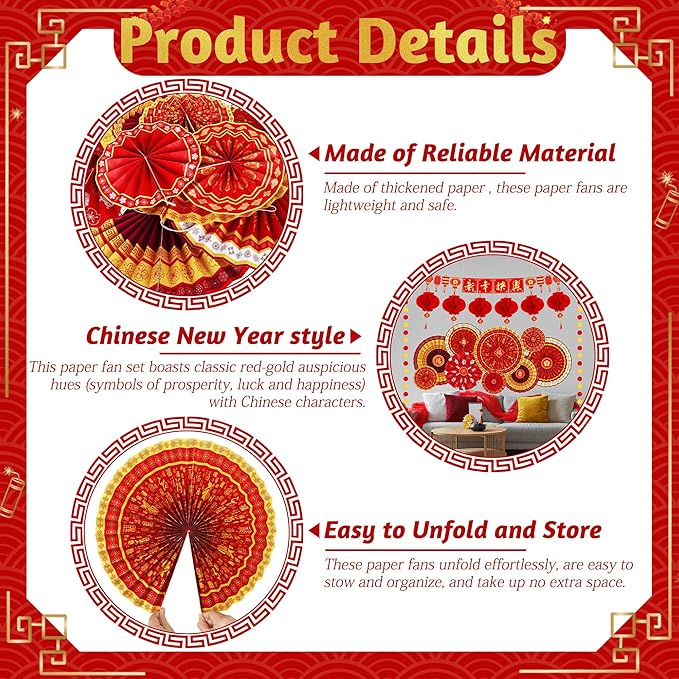 26 PCS Lunar New Year Decorations, Chinese New Year Paper Fans Set, Red and Gold Party Decorations with Paper Fans, Red Lanterns, Banner and Garland, Lunar New Year Decor for Home Office Yard
