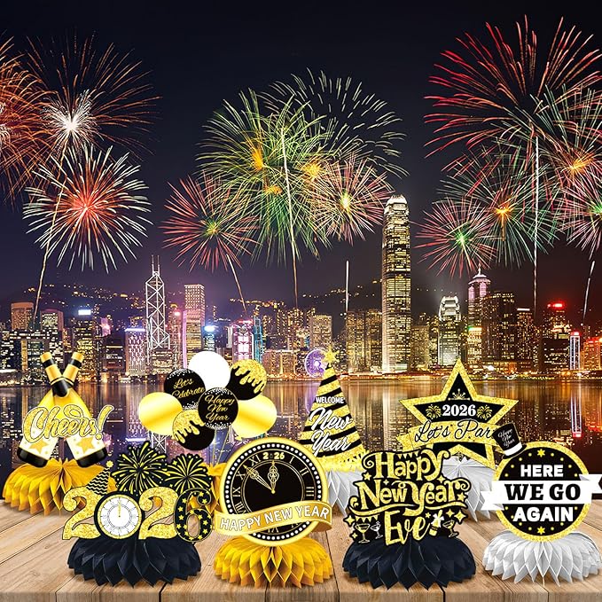 JULMELON Happy New Year Decorations 2026, 8 PCS New Years Honeycomb Centerpieces Table Decorations Black and Gold Table Toppers Decor for New Year Eve Party Supplies Favors