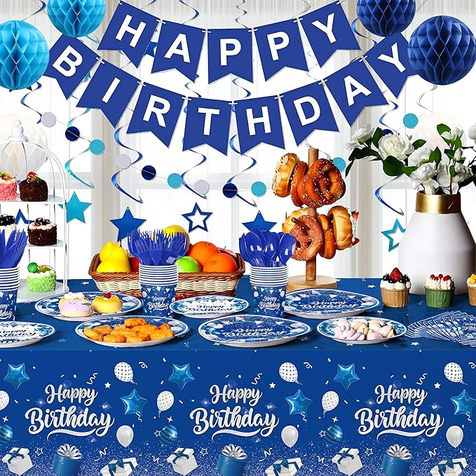 185pcs Happy Birthday Decorations Blue and Silver Plates Napkins Disposable Tableware Set Paper Cups Banner Tablecloth for Men Women Birthday Party Supplies Serves 24 Guests