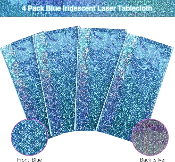 4 Pack Iridescence Plastic Tablecloths Shiny Disposable Laser Rectangle Table Covers Holographic Foil Tablecloth Iridescent Party Decoration Birthday Bridal Wedding Christmas 54" x 108" (Blue)