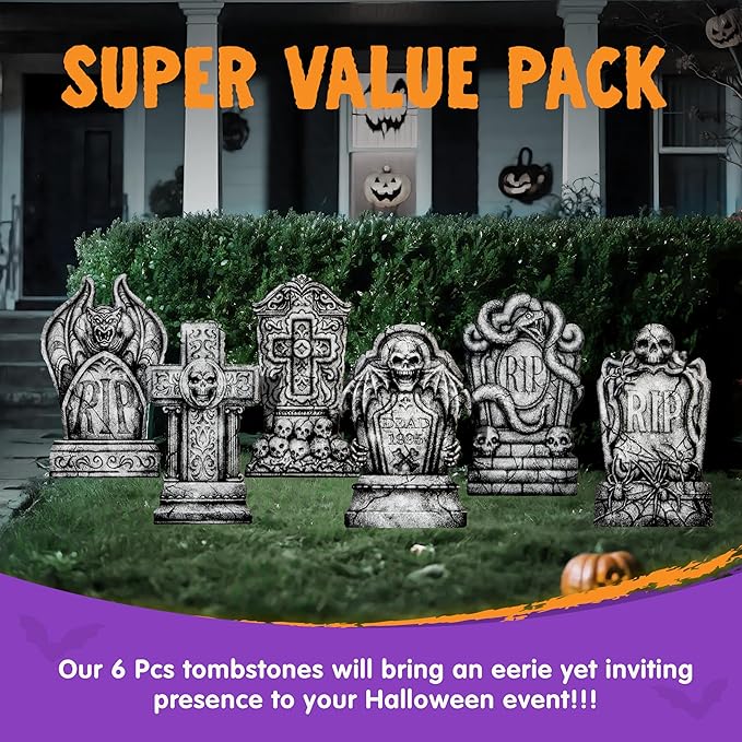 JOYIN 15.7” Halloween Decorations Outdoor Graveyard Tombstones, 6 Pcs Skeleton RIP Plastic Gravestones Halloween Decor with 12 Metal Stakes for Yard Lawn Garden Prop, Party Decor Supplies