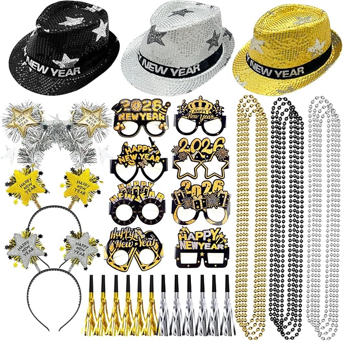New Years Eve Party Supplies 2026, New Years Decorations Party Favors IncludingHeadbands Hats Glasses Tassel Beaded Necklaces Noise Makers for Adults Hello 2026 Party Favors