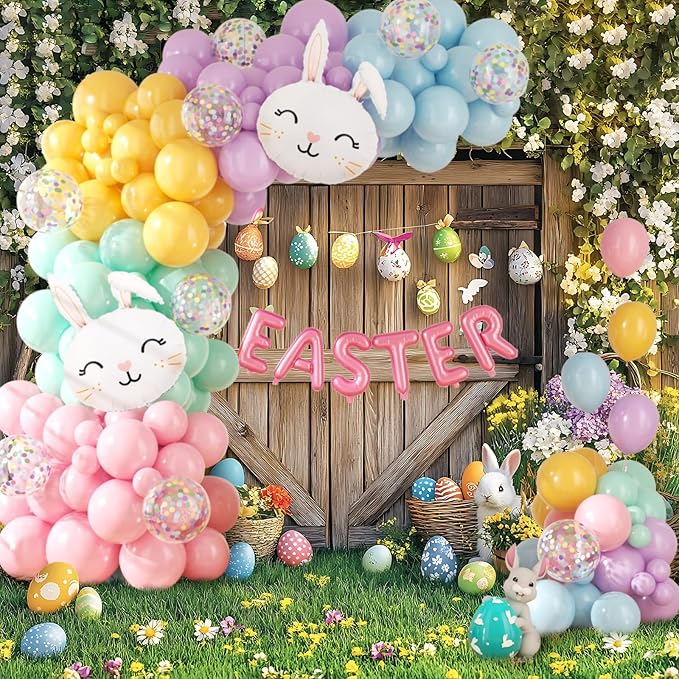 Easter Decorations Indoor Outdoor Balloon Arch Kit, Rainbow Easter Balloon Garland Kit,Happy Easter Color Balloons,Easter Bunny Balloons for Rainbow Easter Birthday Party Decorations