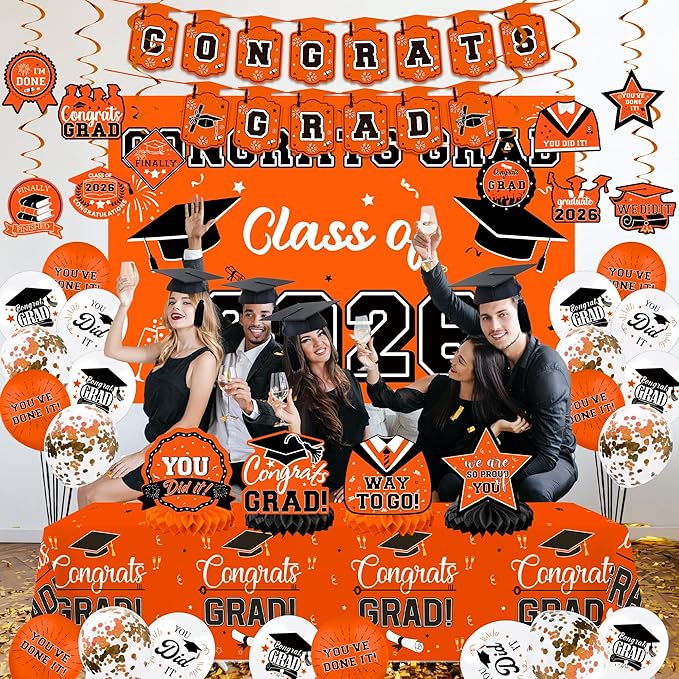 Graduation Decorations 2026, Class of 2026 Backdrop, Banner, 2026 Foil Balloons, Tablecloth, Hanging Swirls, Honeycomb Centerpieces, Party Supplies Decorations Set for College (Orange)