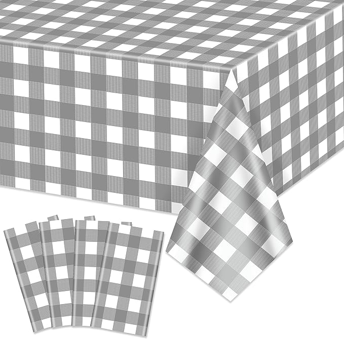 4 Pack Grey Gingham Tablecloths, Grey and White Checkered Tablecloths 86 x 51 Inches Gingham Tablecovers Rectangular Waterproof Picnic Table Covers for Birthday Party Supplies
