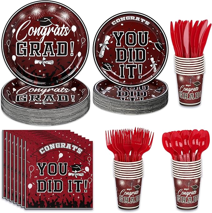 175PCS Graduation Plates and Napkins Set 2026 Graduation Party Supplies Tableware Set Include Paper Plate Napkin Cup Knife Fork Spoon for Grad Party Decor Serve25(Maroon)