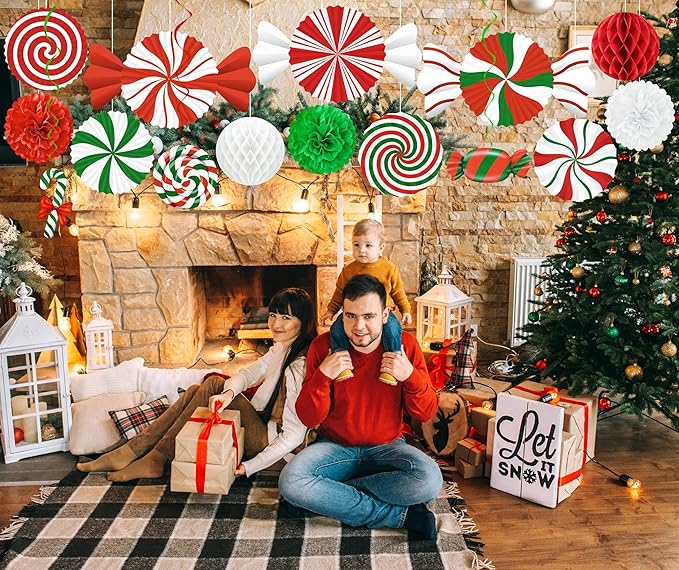 15pcs Candyland Christmas Party Decorations – Paper Fans, Honeycomb, Swirls for Peppermint, Indoor Ceiling, Wall Holiday Decor