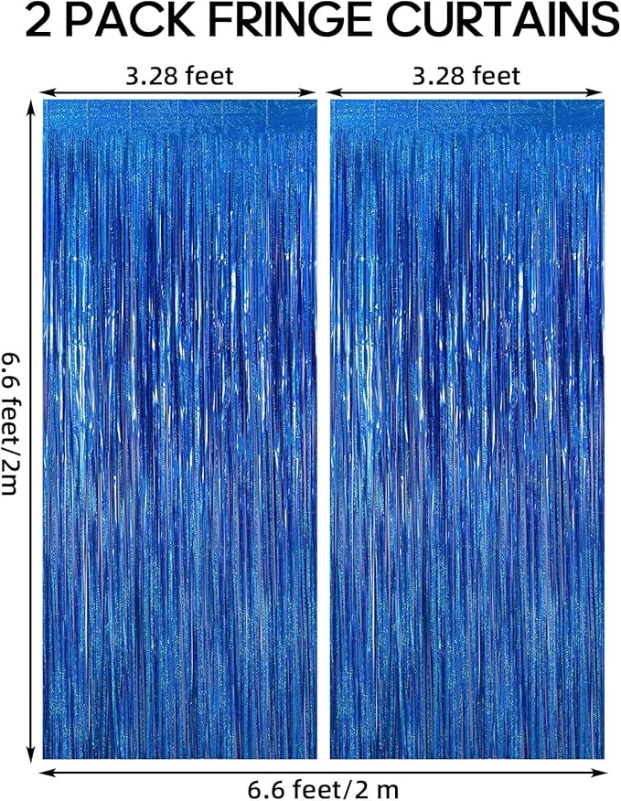 2 Pack Fringe Curtains Backdrops, Foil Fringe Curtains, Door Streamers for Birthday Wedding Bridal Shower Holiday Graduation Party Decorations, Photo Booth Backdrops, Glitter Blue