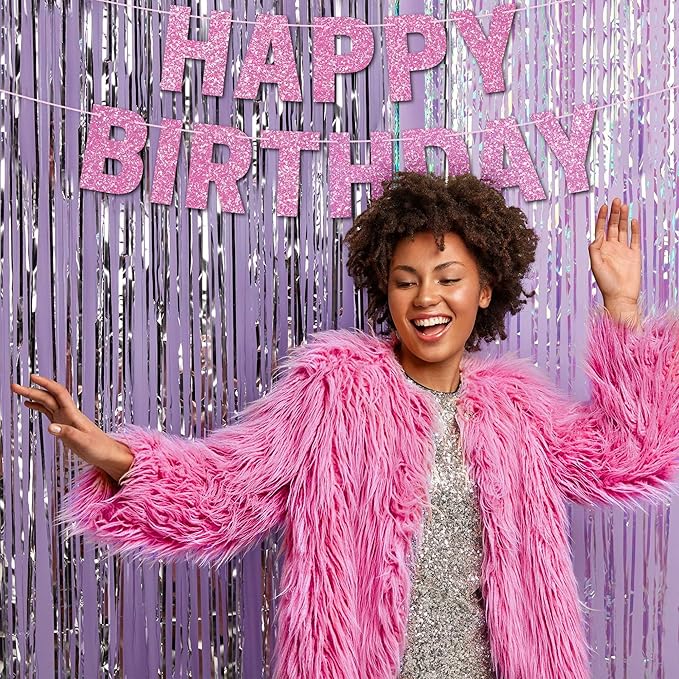 Pre-strung Happy Birthday Banner - No DIY - Pink Glitter Happy Birthday Party Banner for Girls & Women - Pre-strung on 8 ft Strands - Light Pink Bday Party Decorations & Decor. Did We Mention No DIY