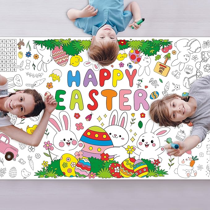 Giant Easter Coloring Tablecloth, 54" x 108" Easter Crafts Table Cloth, Coloring Tablecloth Disposable for Crafts Party Decorations, Rectangular Painting Poster Banner Art Activities with Bunny Eggs