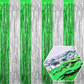 4 Pack Silver Green Wave Foil Fringe Curtain Backdrop, 3.28Ft x 8.2Ft Metallic Tinsel Foil Fringe Streamer Curtains for Photo Booth, Mother's Day, Easter, Birthday, Wedding Party Decoration