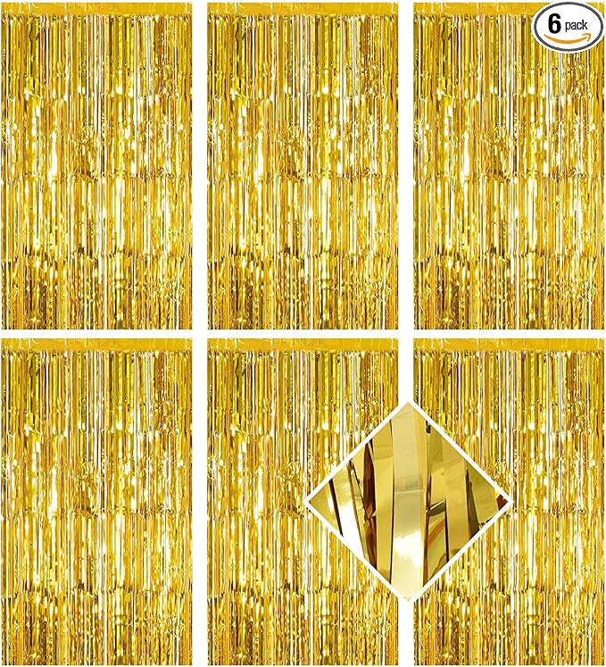 6 Pack Gold Foil Curtain Backdrop 3.2ft x 6.6ft Metallic Tinsel Fringe Backdrop Curtains Streamer Photo Booth Backdrop for Birthday Engagement Bachelorette Christmas Holiday Party Decorations