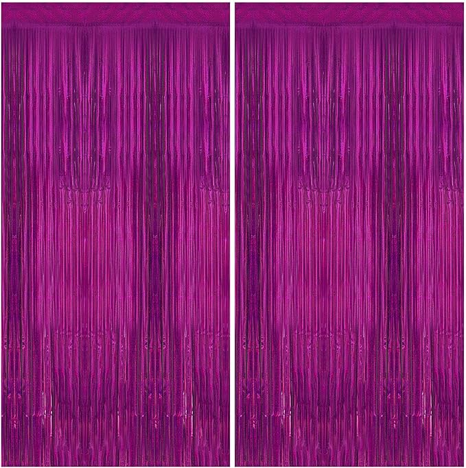 2 Pack 3.3 x 8.2 ft Tinsel Foil Fringe Curtain Backdrop, Upgraded Purple Glitter Metallic Streamers Backdrop Curtains for Birthday, Mermaid, Butterfly, Star, Space Galaxy Themed Party Decorations