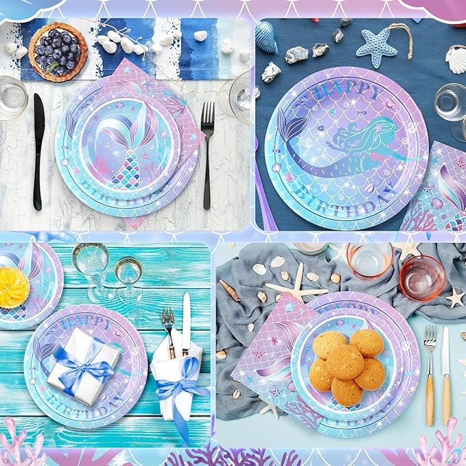 72PCS Mermaid Birthday Plates and Napkins, Set of 24 Disposable Paper Plates for Sea Themed Birthday Party Decorations, Mermaid Themed Party Supplies