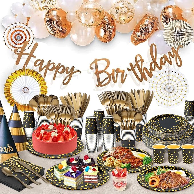 175 Pcs Black and Gold Party Supplies, Serves 25 Black Gold Foil Dot Disposable Dinner Tableware Set Gold Plastic Forks Spoons Knives Plates Napkins Cups Party Supplies for Birthday Wedding Graduation