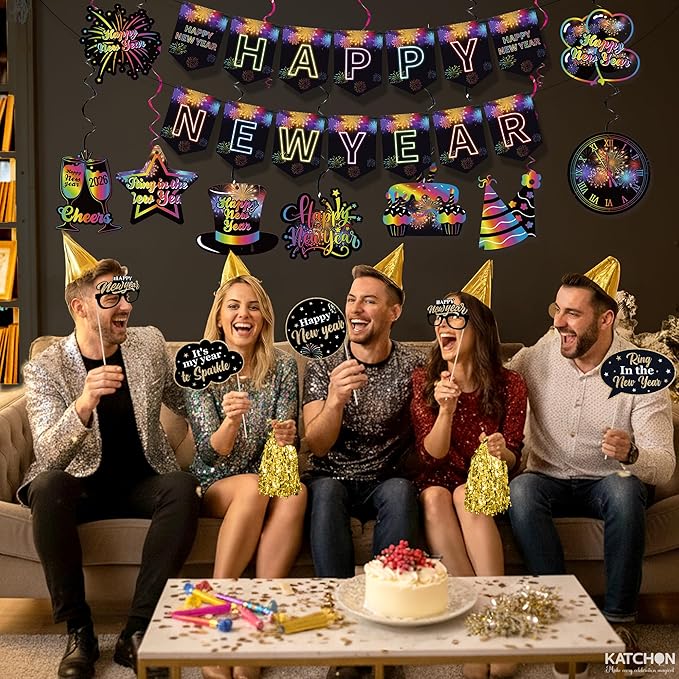 KatchOn, Happy New Year Banner and Swirls - No DIY, 10 Feet | Happy New Year Hanging Swirls for New Years Eve Party Supplies | New Years Decorations 2026 | Ceiling Decor for Nye Decorations 2026