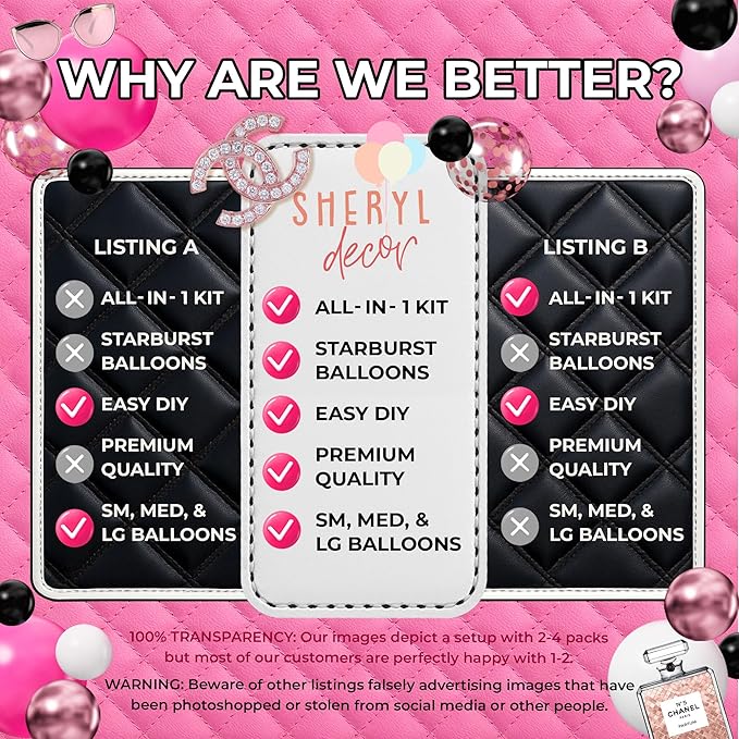 ALL-IN-1 Pink and Black Balloons Arch Kit with BONUS Starburst Balloons – Pink Black and White Balloons for Hot Pink and Black Party Decorations for Birthday, Boss Baby, Mean Girls, Barbie, Minnie