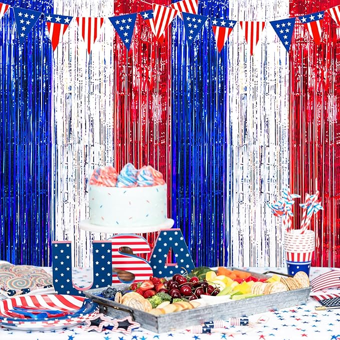 MYUPDALIN 2 Pack 4th of July Decorations - Tinsel Foil Fringe Red White and Blue Backdrop Patriotic Party Memorial Day Independence Day Labor Day, Veterans Day Party Decorations