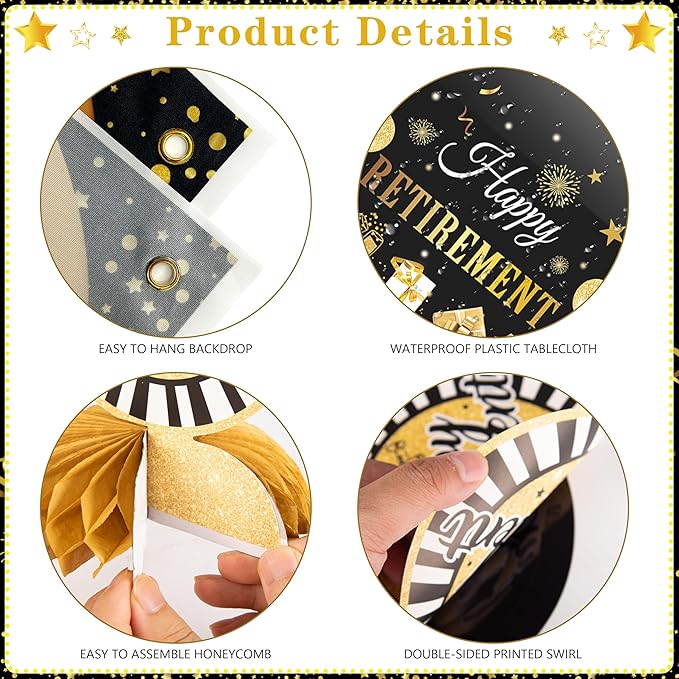 Retirement Party Decorations for Men Women 109Pcs Black Gold Happy Retirement Set Retired Banner Backdrop Balloons Sash Swirls Pompoms Tablecloth Honeycomb - Indoor Outdoor Reusable