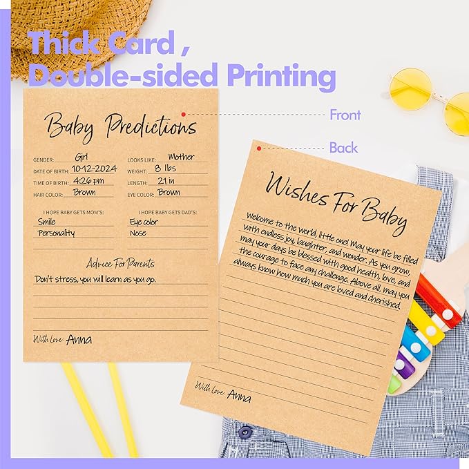 55PCS Baby Predictions and Advice Cards, Double Sided Baby Shower Decorations Cards Wishes to Baby for Parents