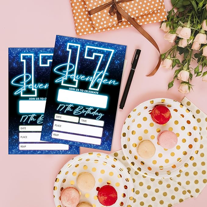 SIXEIGHT Blue 17th Birthday Invitations for Boys, Neon Glow Party Invitations for Girls Kids, 20 Pack Double Sided Invite Cards with Envelopes, 17th Glow Neon Birthday Party Decorations, 4x6 Inch-C50