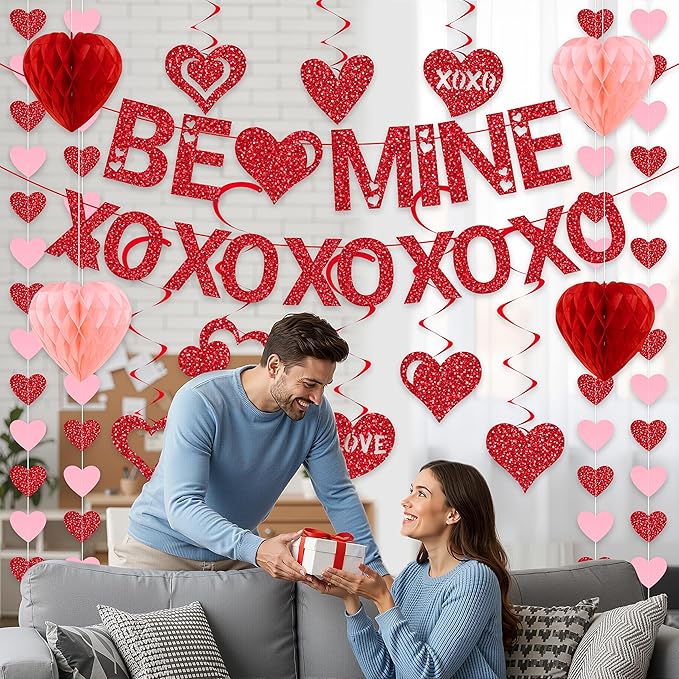 Pre-Strung Valentines Day Decorations, Red BE Mine XO Valentine's Banner,Heart Garlands & Hanging Swirls & Heart Honeycomb for Party Supplies, Valentines Decor Home Anniversary Wedding Bedroom