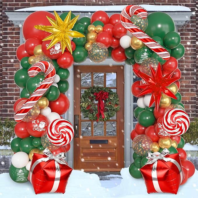Ouddy Life Christmas Balloon Garland Arch Kit, 174 pcs Red Green White Metallic Gold Balloons Candy Cane Gift Box Star Foil Balloons for Christmas Party Decorations Xmas Baby Shower New Year Decor