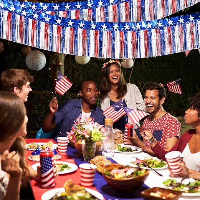 4th of July Decorations 2 Packs 39 Feet Metallic Banner Foil Fringe Garland, Red White and Blue Tinsel Streamers Hanging Backdrop American Flag Star for Parade Floats Memorial Day Patriotic Party