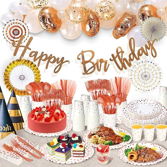 White and Rose Gold Party Supplies, 175 Pcs Disposable Dinnerware Set Serves 25 White Rose Golden Dot Plates Cups and Napkins Gold Plastic Forks Knives Spoons Party Supplies for Birthday Wedding