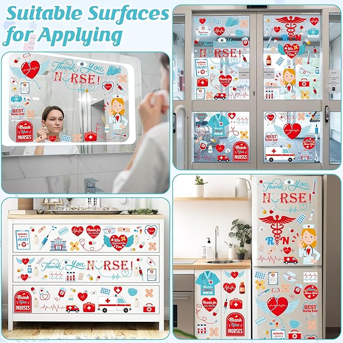 82 PCS Nurses Week Decorations, 9 Sheets Nurses Week Window Clings with Hearts, Thank You Nurse Appreciation Week Decor, Double-Sided Nursing Stickers for Windows Stores Offices Parties