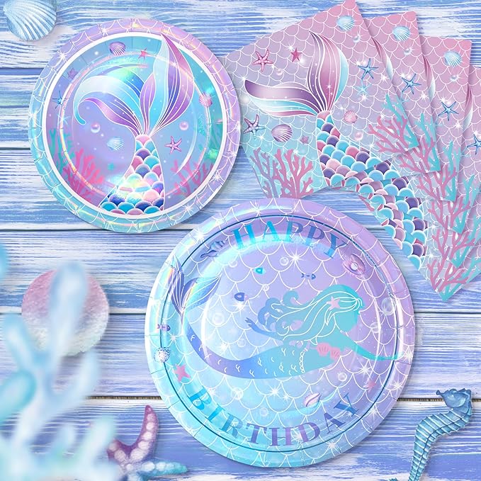 72PCS Mermaid Birthday Plates and Napkins, Set of 24 Disposable Paper Plates for Sea Themed Birthday Party Decorations, Mermaid Themed Party Supplies