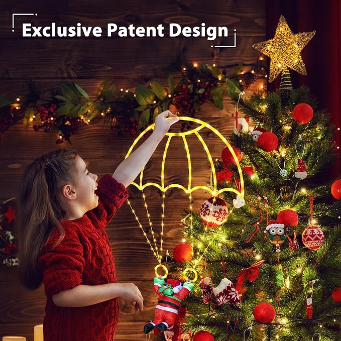 Toodour Christmas Decorations Lights Outdoor, 2.8FT Christmas Parachute Lights with Santa Claus, Waterproof 8 Modes Hanging Warm White Xmas Light - Holiday Decorative Light for Indoor Eave Roof