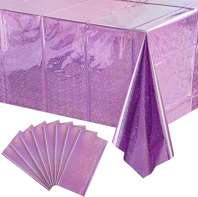 8 Pack Iridescent Light Purple Plastic Tablecloths Shiny Disposable Laser Rectangle Table Covers Holographic Foil Tablecloth Iridescent Kpop Birthday Bridal Wedding Party Decoration, 54 x 108 Inch