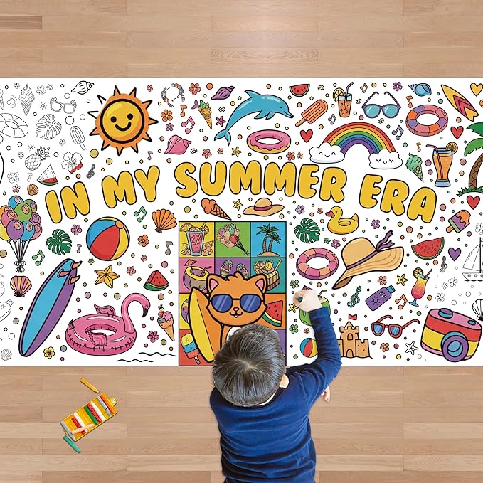 OHOME Summer Giant Coloring Poster/Tablecloth - Summer Toys | 30 x 72 Inches Jumbo Coloring Banner - Kids Crafts Activities Games Decor Party Favors Birthday Decorations for Classroom School