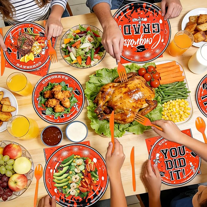 175PCS Graduation Plates and Napkins Set 2026 Graduation Party Supplies Tableware Set Include Paper Plate Napkin Cup Knife Fork Spoon for Grad Party Decor Serve25 (Orange and Black)