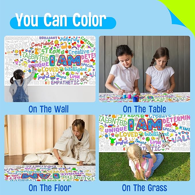 Jumbo Size Coloring Poster, Large Positive Affirmation Coloring Paper, Motivational DIY Painting Drawing Paper Banner/Tablecloth for Kids, Classroom, School, Party Supplies, Wall Decor (75” x 31”)