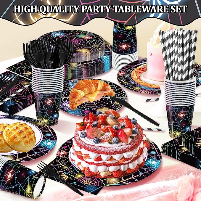 168PCS Halloween Spider Web Party Supplies for Kids Neon Spider Party Decorations Happy Halloween Holiday Themed Plates and Napkins Tableware Birthday Baby Shower Decor Serve 24 Guests