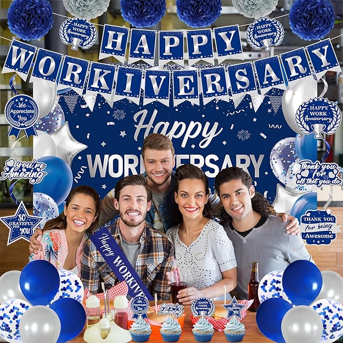 DARUNAXY Happy Workiversary Party Decorations for Men Women, Blue Silver Happy Work Anniversary Banner Cake Topper Hanging Swirl Confetti Balloons Decor Set for Employee Office Party Supplies(31PC)