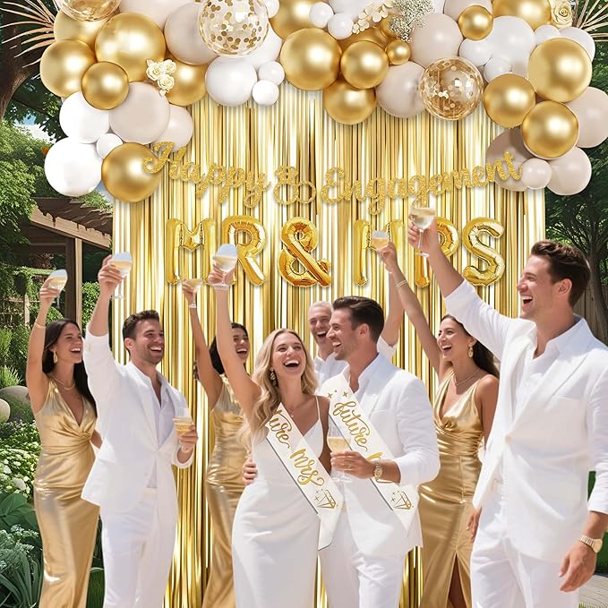 Engagement Party Decorations Set, Gold and White Balloon, MR & MRS Balloons with Foil Backdrop, Cake Toppers and Banners,Sash