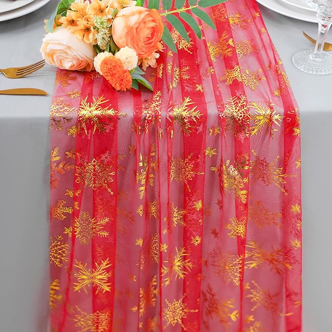 Snowkingdom Red Table Runner, 120 Inches Long Sheer Tulle with Gold Snowflake for Winter Holiday Wedding Home Party Valentine's Day New Year Christmas Table Decor