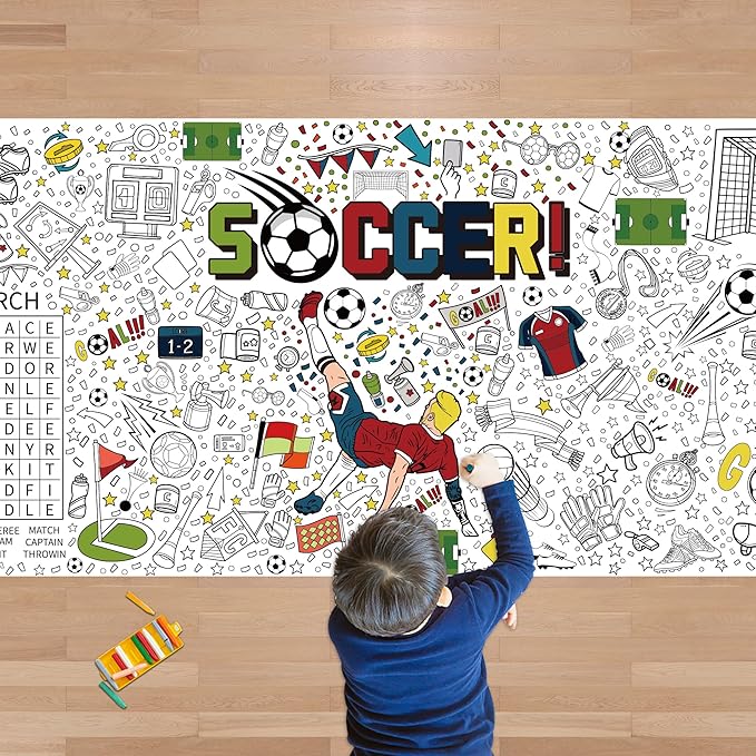 OHOME Soccer Giant Coloring Poster/Tablecloth - Soccer Themed Party Decorations - 30 x 72 Inches Jumbo Coloring Banner Kids Gifts Crafts Activities Decor Party Favors Supplies