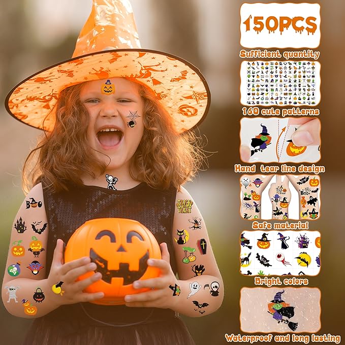 150 PCS Halloween Tattoos for Kids, Waterproof Assorted Halloween Party Favors for Trick or Treat, 150 Different Designs Long Lasting Temporary Tattoos Stickers for Games, Fake Tattoos