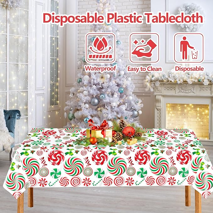4 Pack Christmas Candy Cane Plastic Tablecloths,54 x 108 Inch Disposable Holiday Table Covers with Lollipops Design for Christmas Party Decorations Winter Dinner and Festive Events