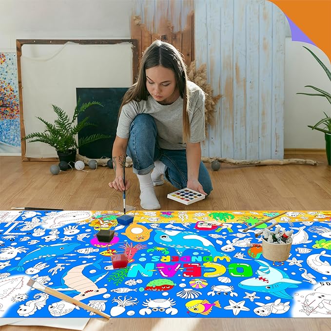 Ocean Coloring Poster, Large Coloring Activity Paper 75” x 31” Jumbo Size Blue Sea-themed Paper DIY Painting Drawing Banner/Tablecloth for School, Wall Decor
