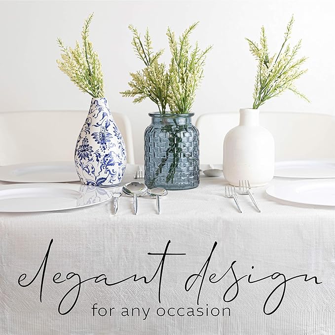 Disposable 3 Ply Paper & Plastic Tablecloth Absorbent, Waterproof, White Table Cover for Rectangle Tables fits 6-8 Foot Tables Size: 54'' X 108'' Pack of 5