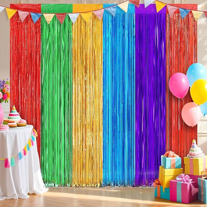 2 Pack Rainbow Foil Fringe Curtains, 3.3ft x 6.6ft Mexican Style Rainbow Streamer Curtain, Photo Booth Props Backdrop for Birthday Party, Christmas Decor, Mexican Cinco De Mayo Decorations