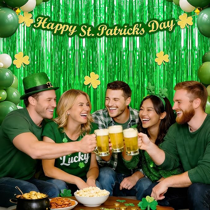 Crosize 4 Pack 3.3 x 9.9 ft Green Foil Fringe Curtains Party Decorations,Tinsel Curtain Backdrop for Parties, Door Streamers, Glitter Streamer Backdrop for Birthday Decoration