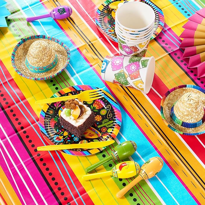 JOYIN 2 pcs Cinco De Mayo Printed Plastic Tablecover (54 x 108 INCHES), Multi Color Fiesta Style Tablecloth for Mexican Themed Party, Taco Night, Birthday